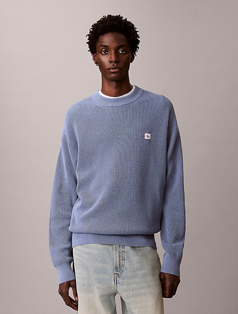 Calvin Klein Mavi Renkli Erkek Cotton Waffle Kazak