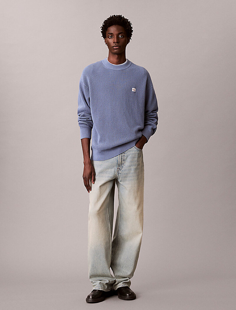 Calvin Klein Mavi Renkli Erkek Cotton Waffle Kazak