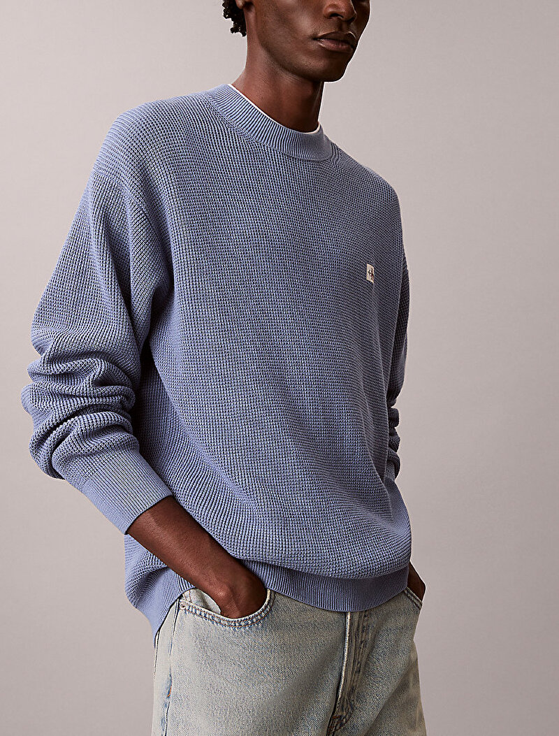 Calvin Klein Mavi Renkli Erkek Cotton Waffle Kazak