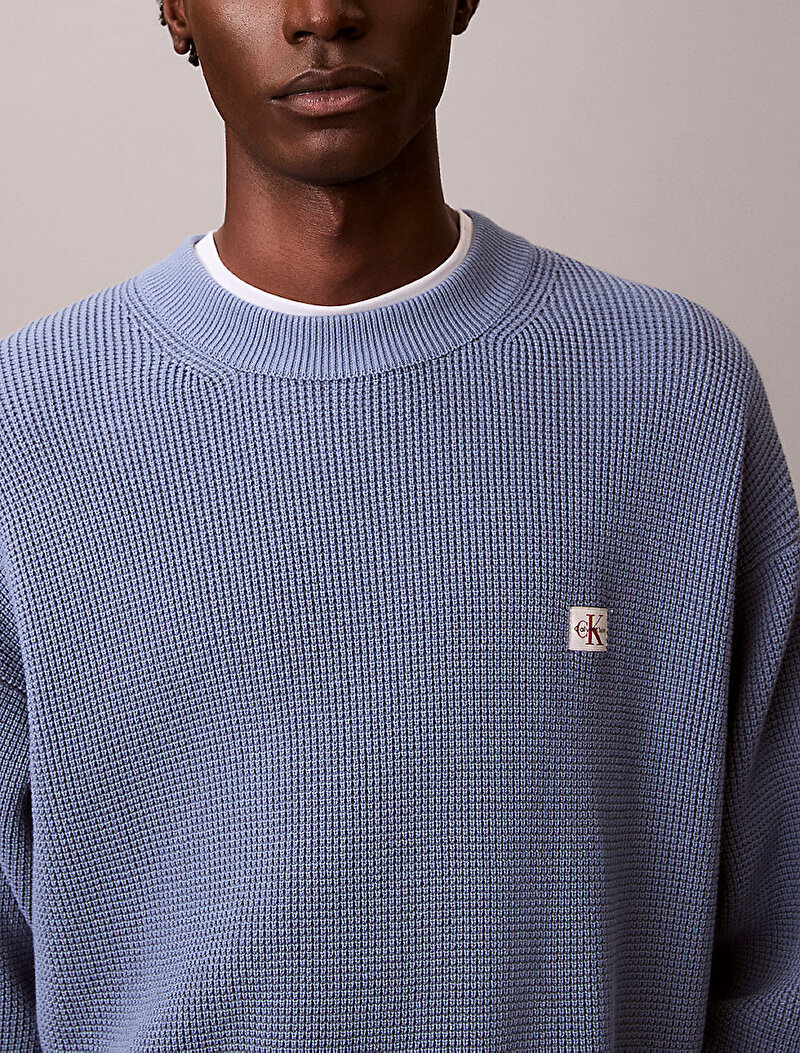 Calvin Klein Mavi Renkli Erkek Cotton Waffle Kazak