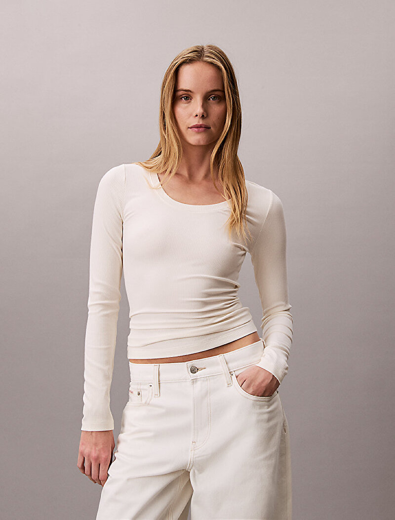 Calvin Klein Beyaz Renkli Kadın Modal Rib T-shirt