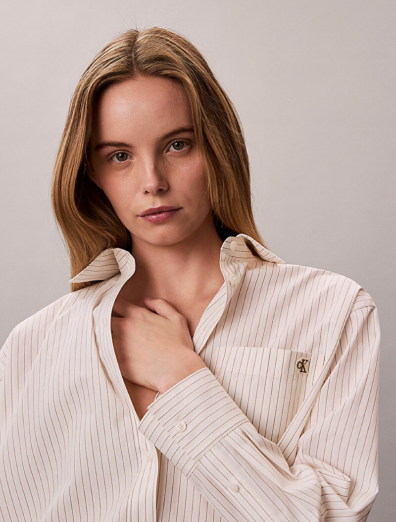 Calvin Klein Bej Renkli Kadın Yarndye Cotton Poplin Gömlek