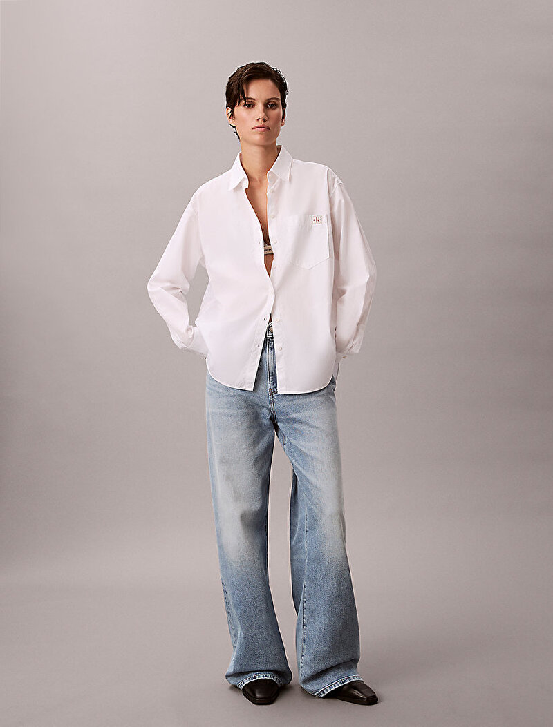 Calvin Klein Beyaz Renkli Kadın Cotton Poplin Relaxe Gömlek