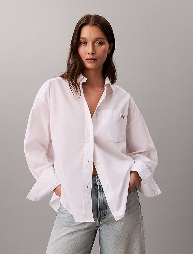 Calvin Klein Beyaz Renkli Kadın Poplin Cropped Gömlek