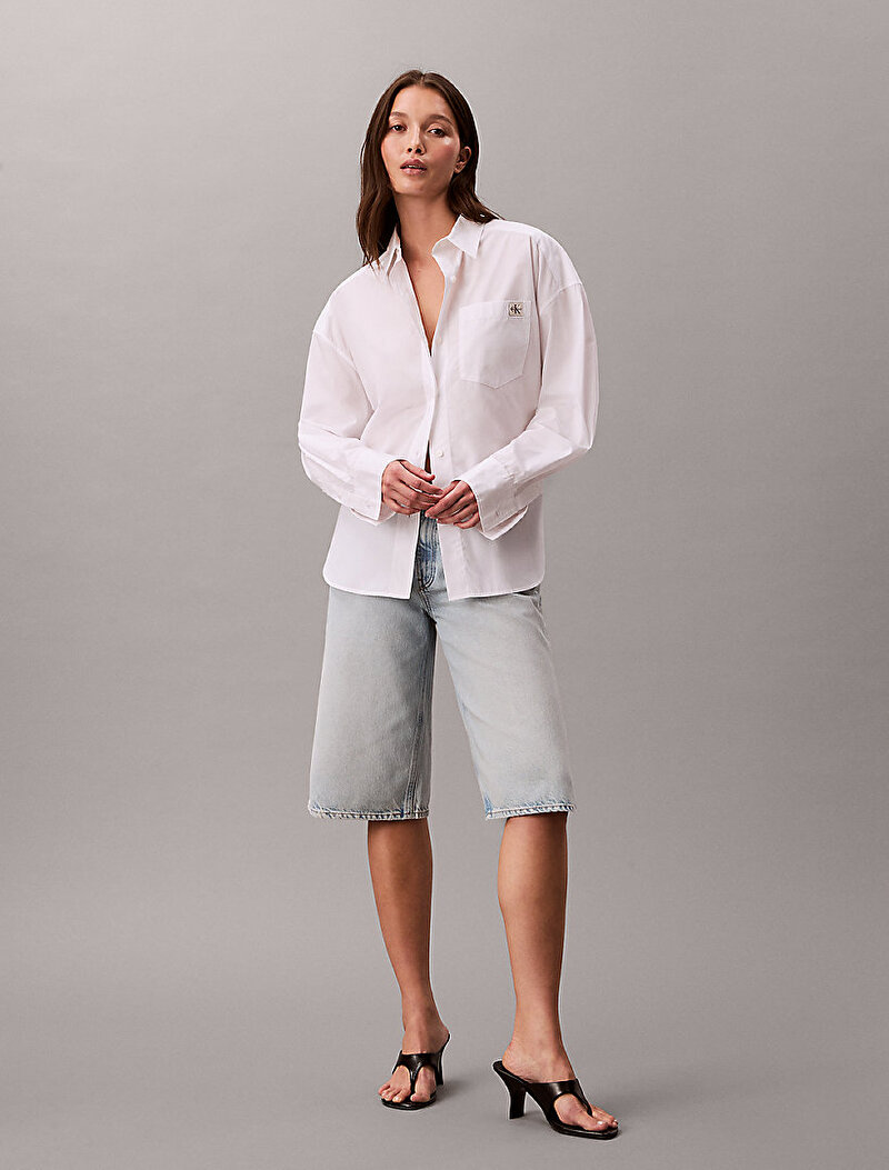 Calvin Klein Beyaz Renkli Kadın Poplin Cropped Gömlek