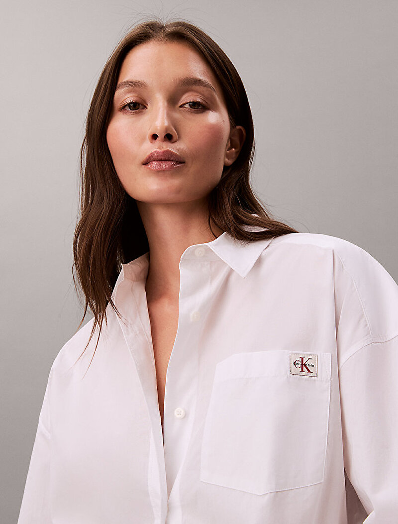 Calvin Klein Beyaz Renkli Kadın Poplin Cropped Gömlek