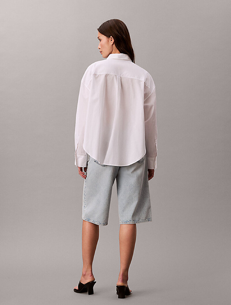 Calvin Klein Beyaz Renkli Kadın Poplin Cropped Gömlek