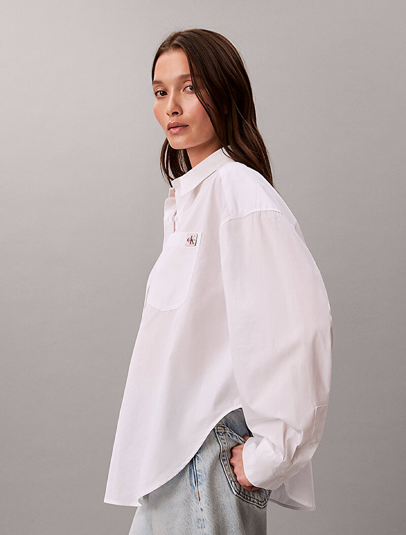 Calvin Klein Beyaz Renkli Kadın Poplin Cropped Gömlek