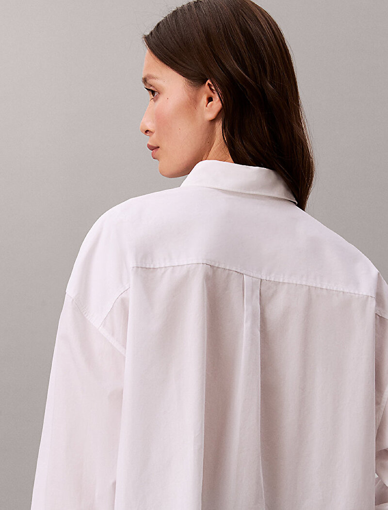 Calvin Klein Beyaz Renkli Kadın Poplin Cropped Gömlek