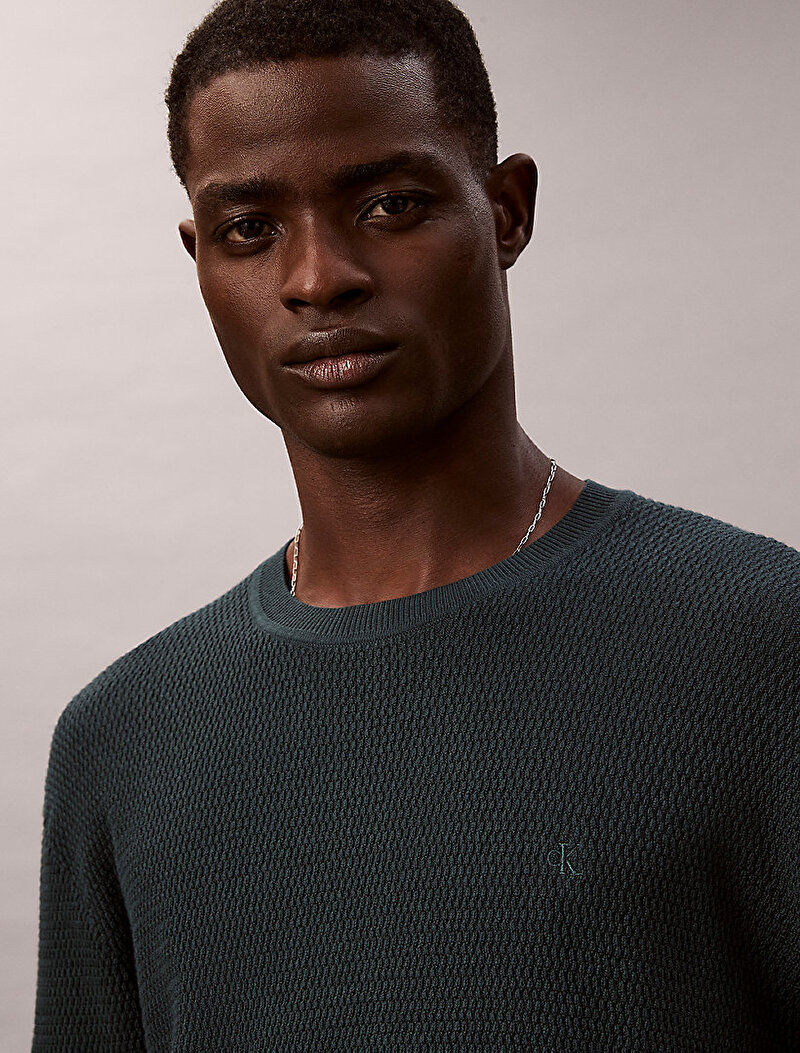 Calvin Klein Yeşil Renkli Erkek Texture Cotton Crew Kazak