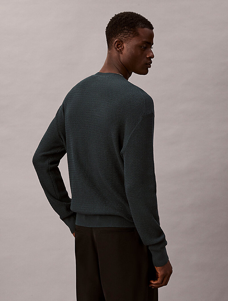 Calvin Klein Yeşil Renkli Erkek Texture Cotton Crew Kazak