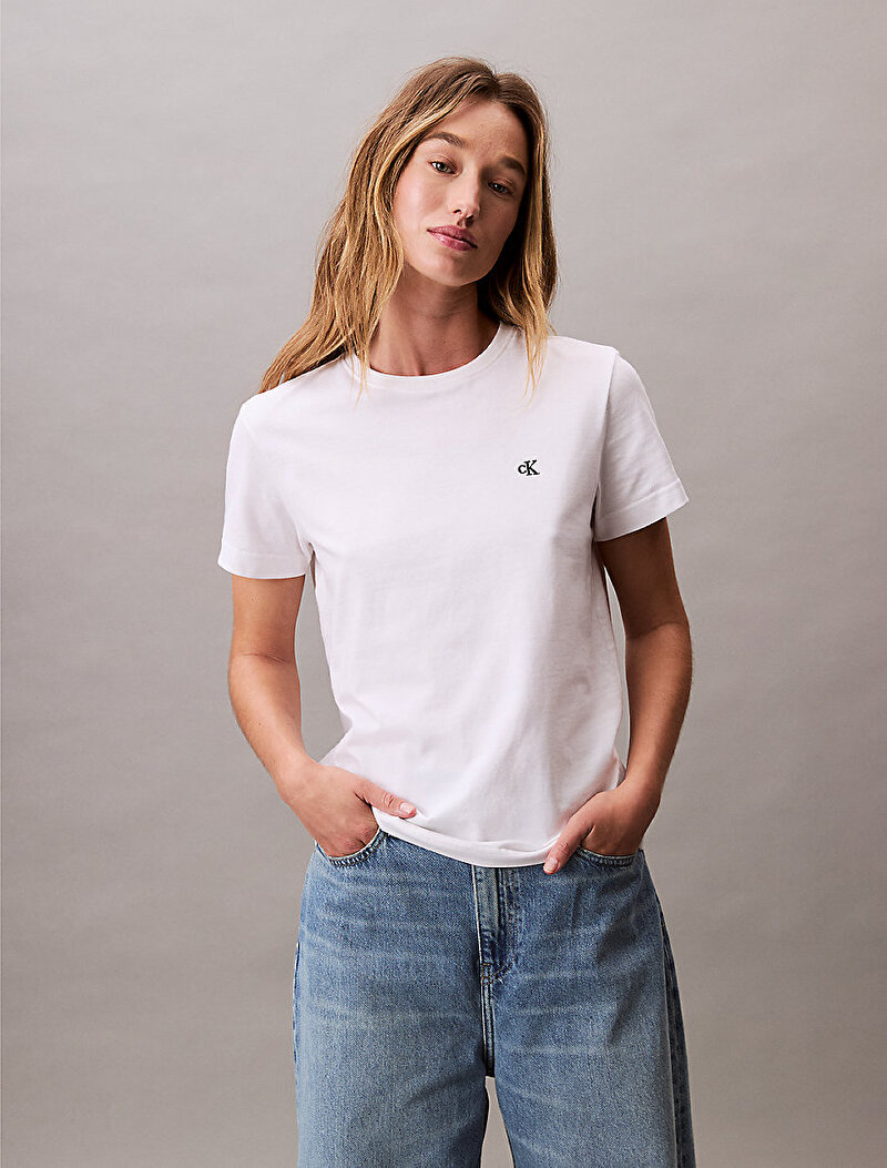 Calvin Klein Beyaz Renkli Kadın Monogram Crew T-shirt