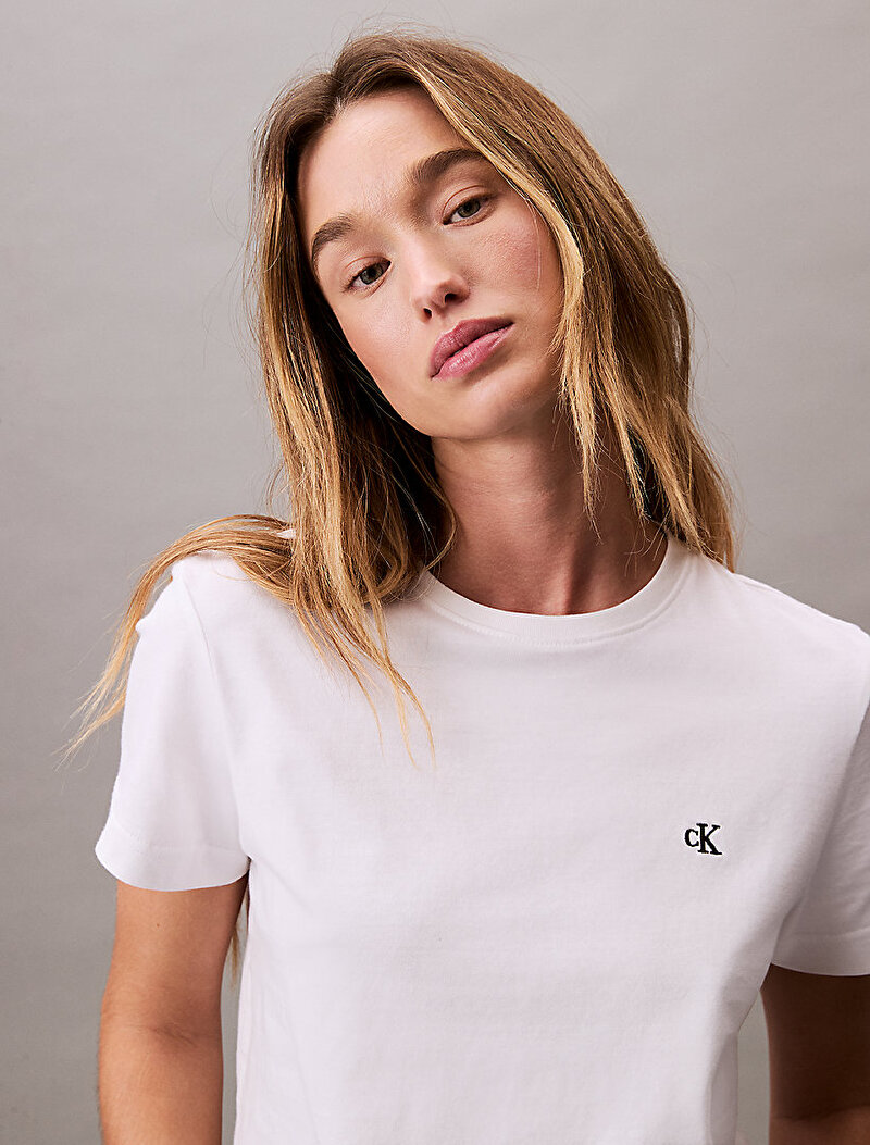 Calvin Klein Beyaz Renkli Kadın Monogram Crew T-shirt