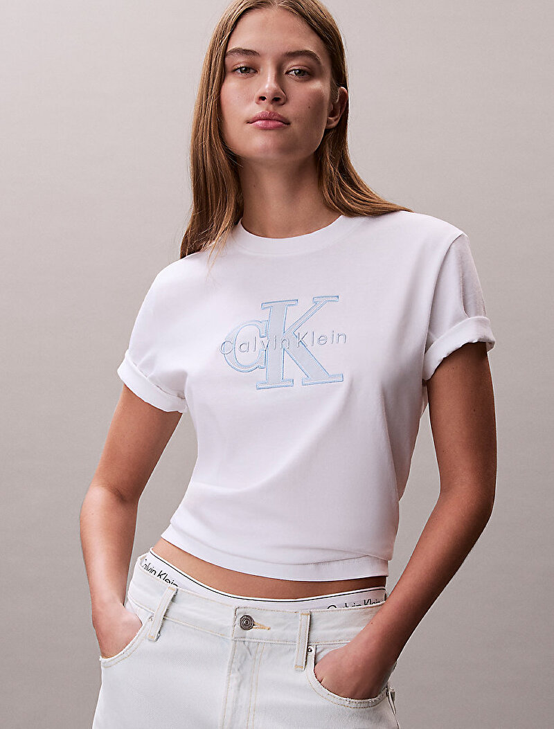 Calvin Klein Beyaz Renkli Kadın Hero Classic Monologo T-shirt