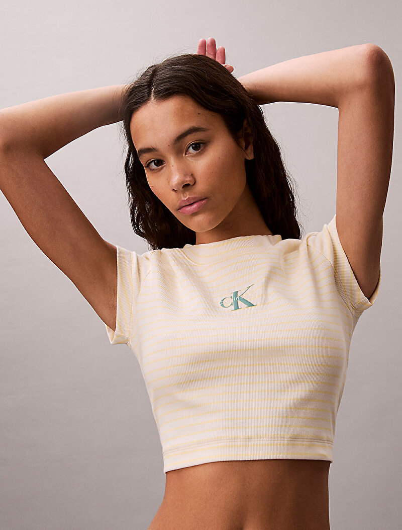 Calvin Klein Beyaz Renkli Kadın Stripped Monologo T-shirt