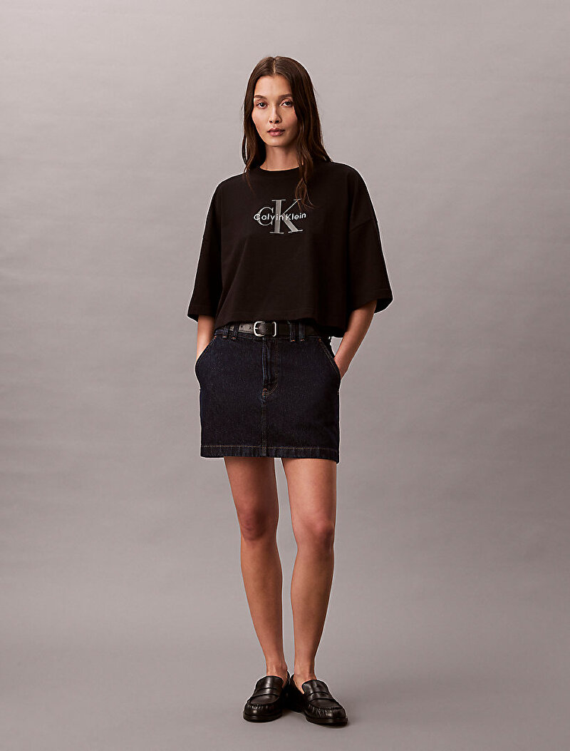 Calvin Klein Siyah Renkli Kadın Boxy Crop Monologo T-shirt