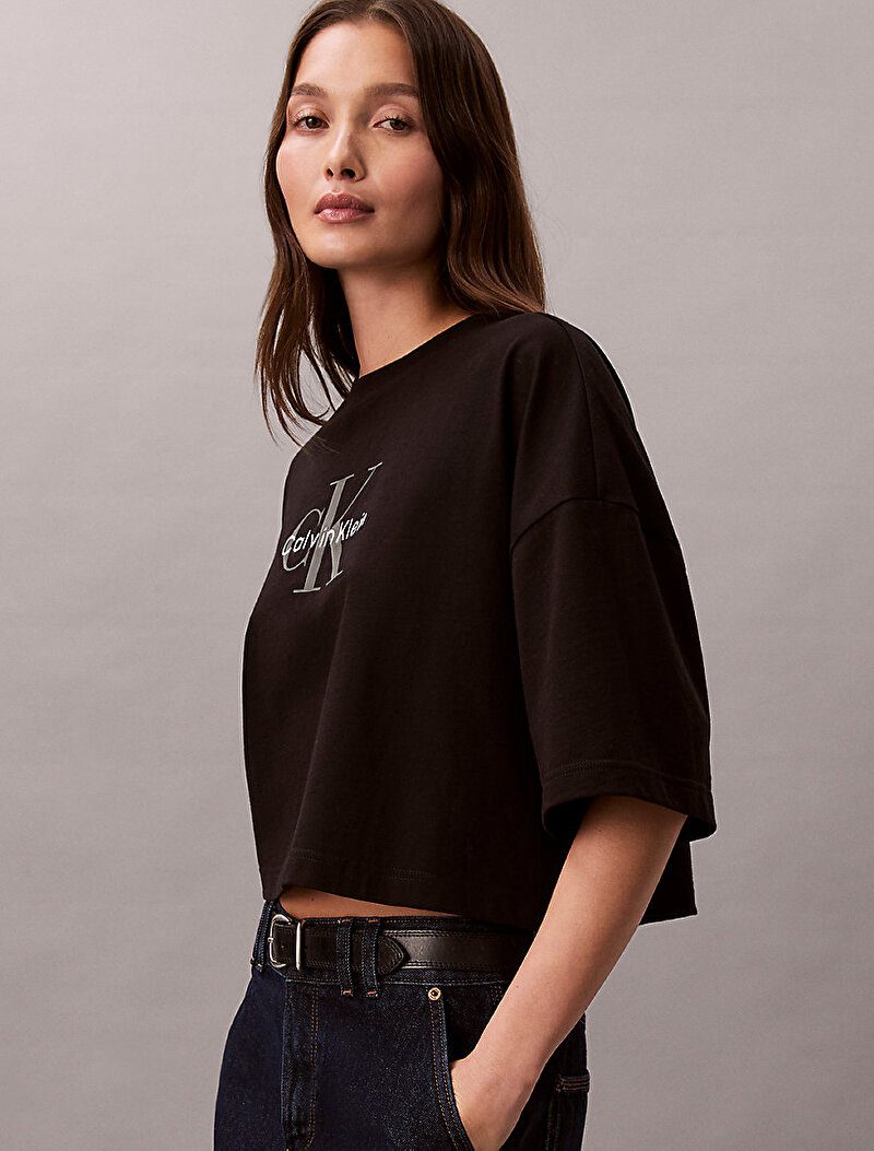 Calvin Klein Siyah Renkli Kadın Boxy Crop Monologo T-shirt