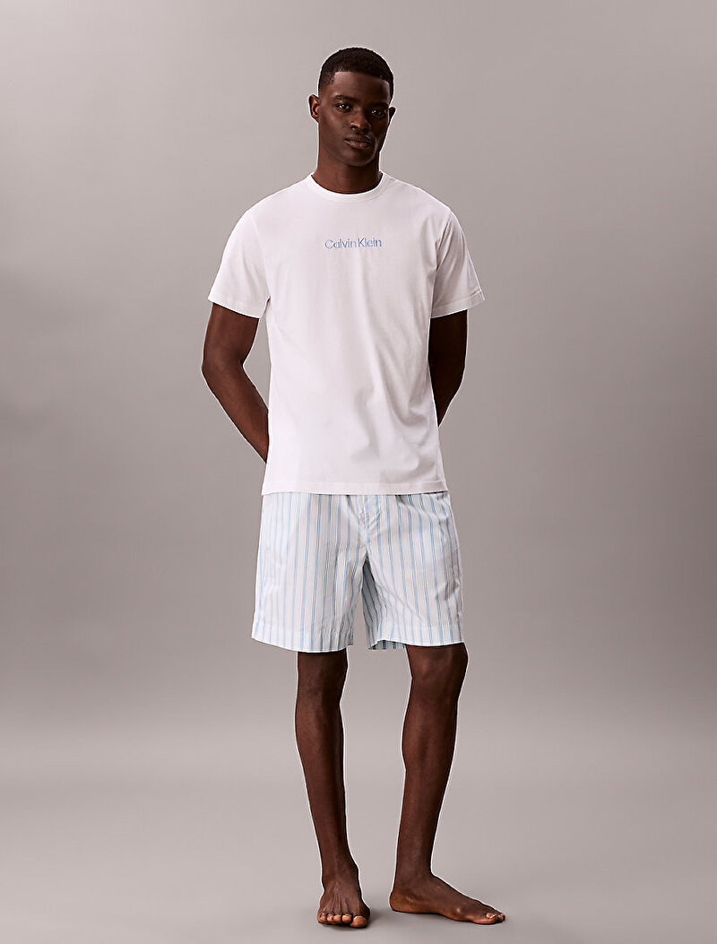 Calvin Klein Beyaz Renkli Erkek Poplin Şort Pijama Set