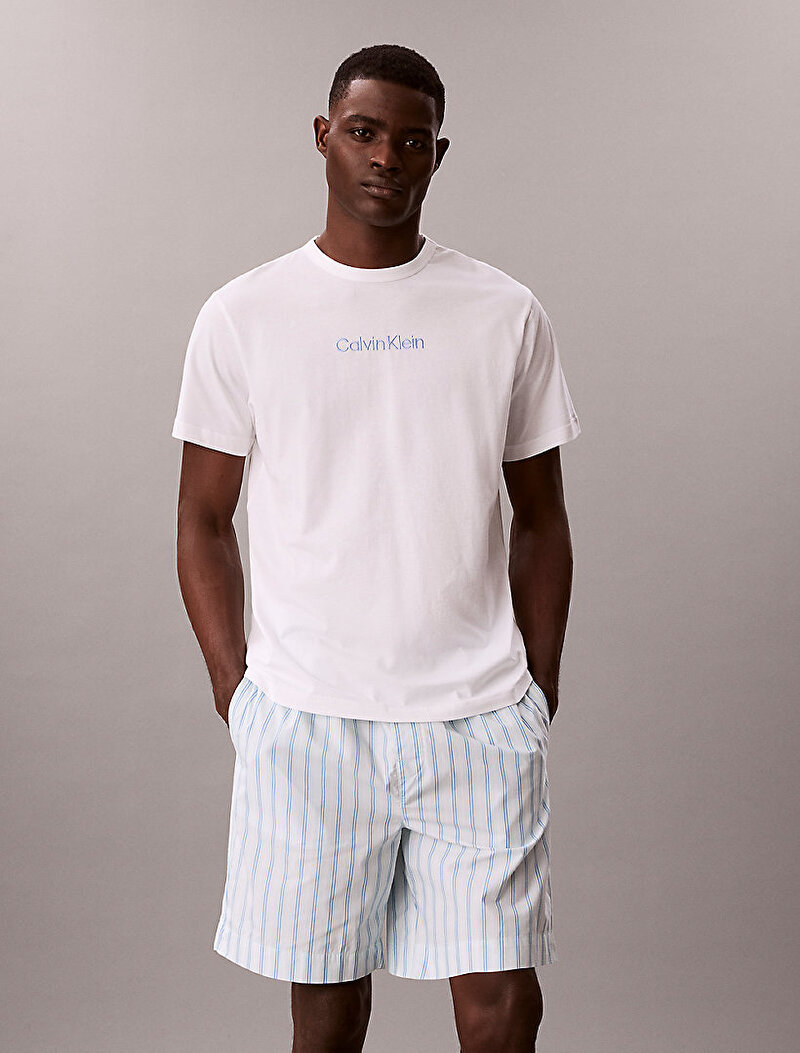 Calvin Klein Beyaz Renkli Erkek Poplin Şort Pijama Set