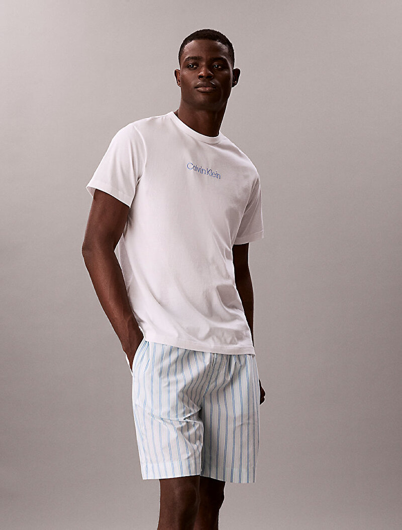 Calvin Klein Beyaz Renkli Erkek Poplin Şort Pijama Set