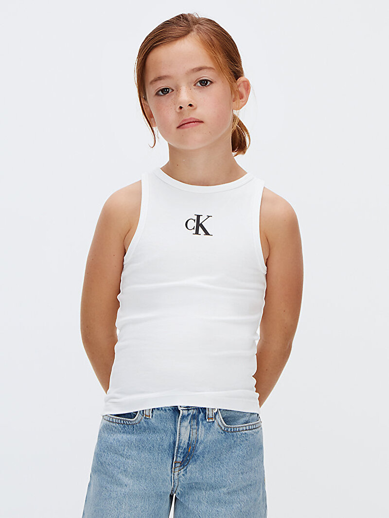 Calvin Klein Beyaz Renkli Kız Çocuk CK Logo Tank Top