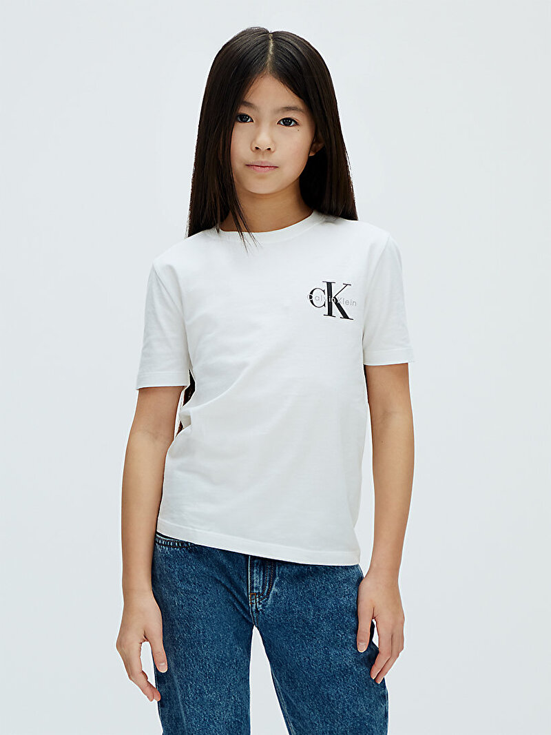 Calvin Klein Beyaz Renkli Çocuk Unisex Chest Mono Logo T-shirt