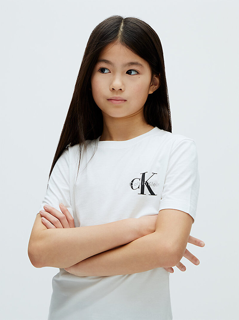 Calvin Klein Beyaz Renkli Çocuk Unisex Chest Mono Logo T-shirt