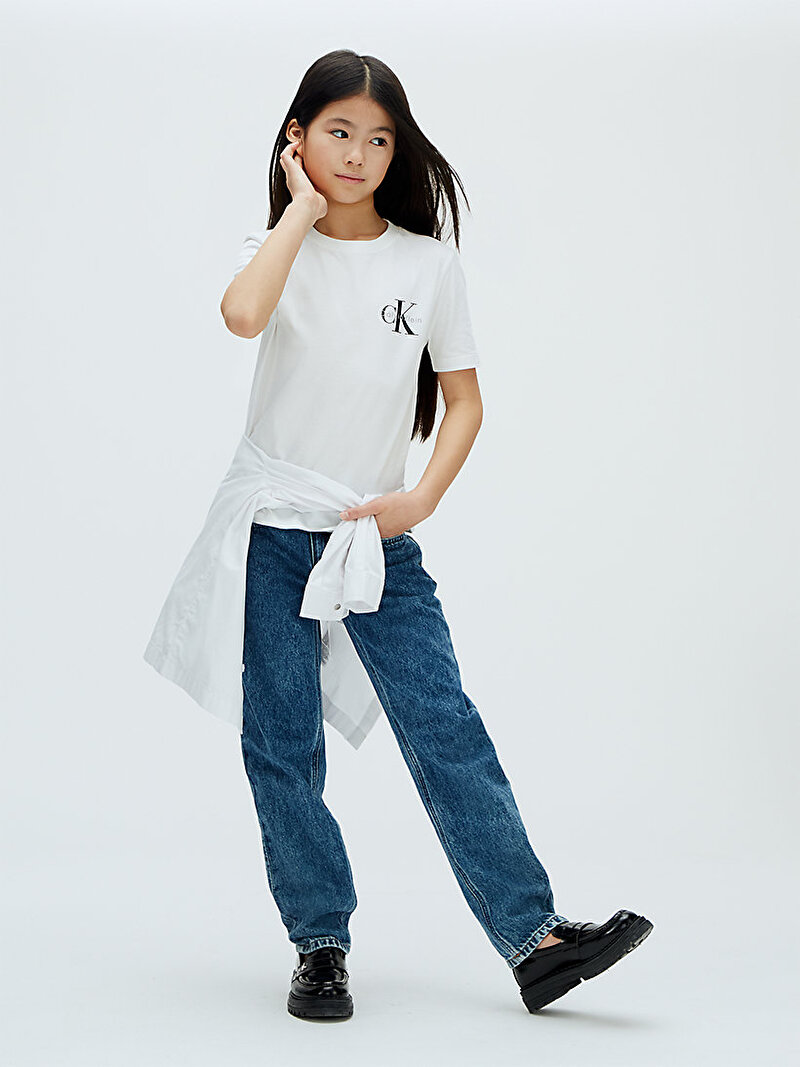 Calvin Klein Beyaz Renkli Çocuk Unisex Chest Mono Logo T-shirt