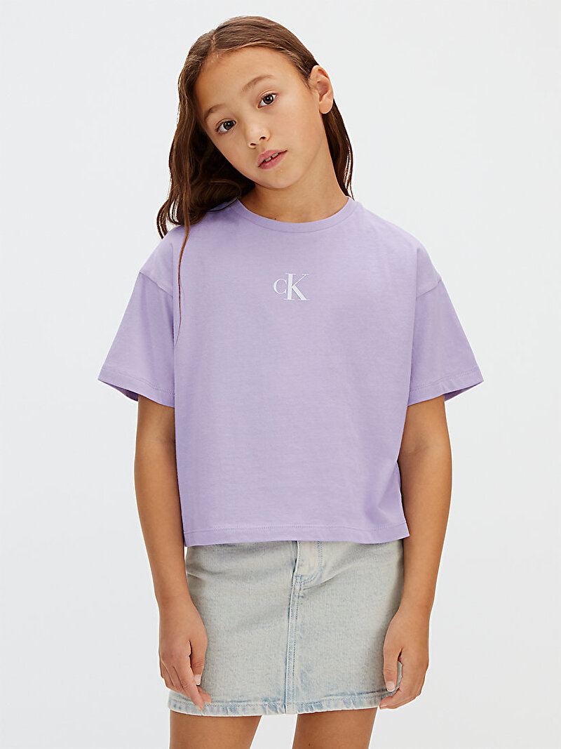 Calvin Klein Mor Renkli Kız Çocuk CK Logo Boxy T-shirt