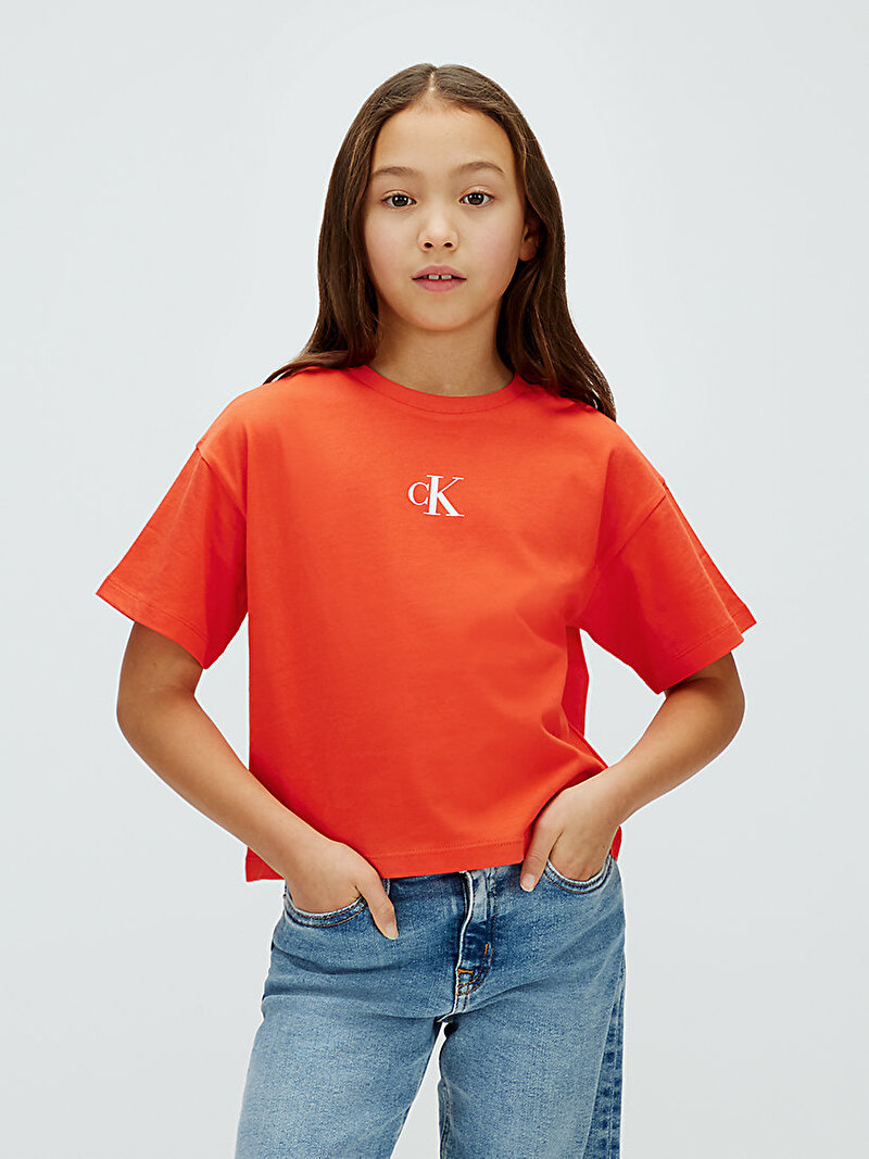Calvin Klein Turuncu Renkli Kız Çocuk CK Logo Boxy T-shirt