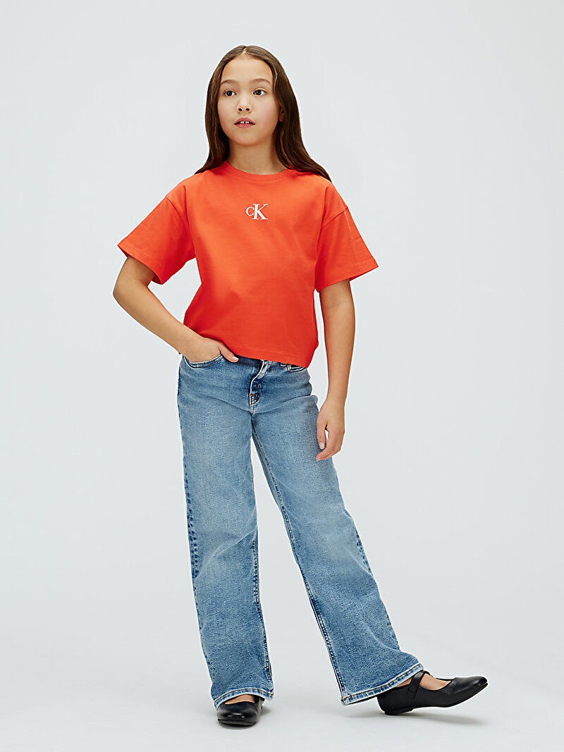 Calvin Klein Turuncu Renkli Kız Çocuk CK Logo Boxy T-shirt