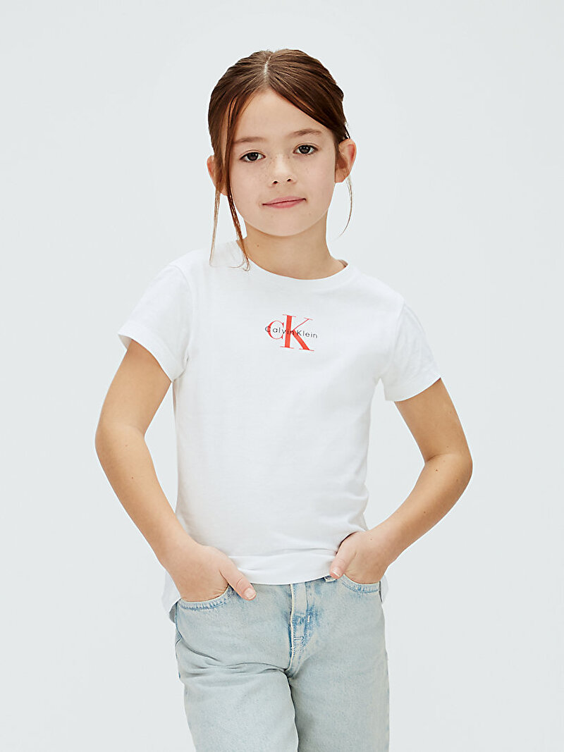 Calvin Klein Beyaz Renkli Kız Çocuk Micro Monogram Top T-shirt