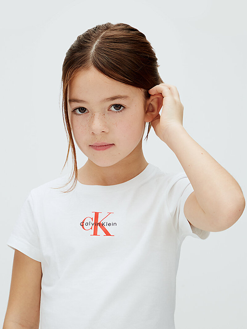 Calvin Klein Beyaz Renkli Kız Çocuk Micro Monogram Top T-shirt