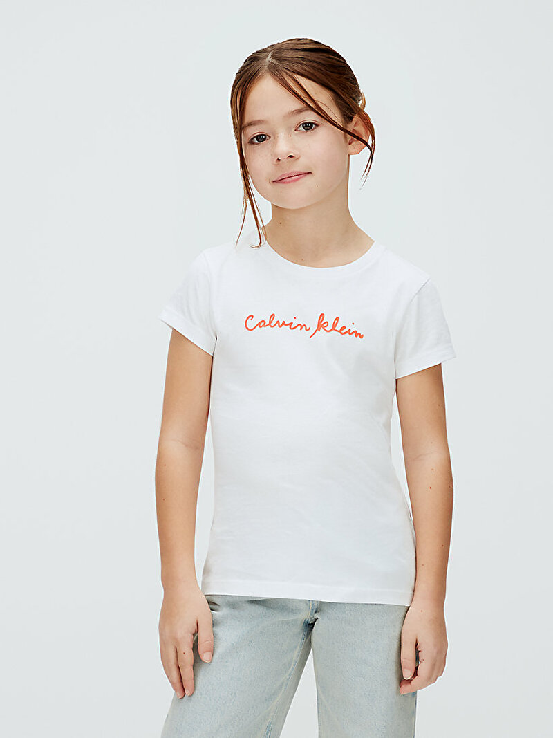 Calvin Klein Beyaz Renkli Kız Çocuk Logo Slim T-shirt