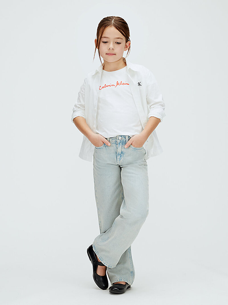 Calvin Klein Beyaz Renkli Kız Çocuk Logo Slim T-shirt