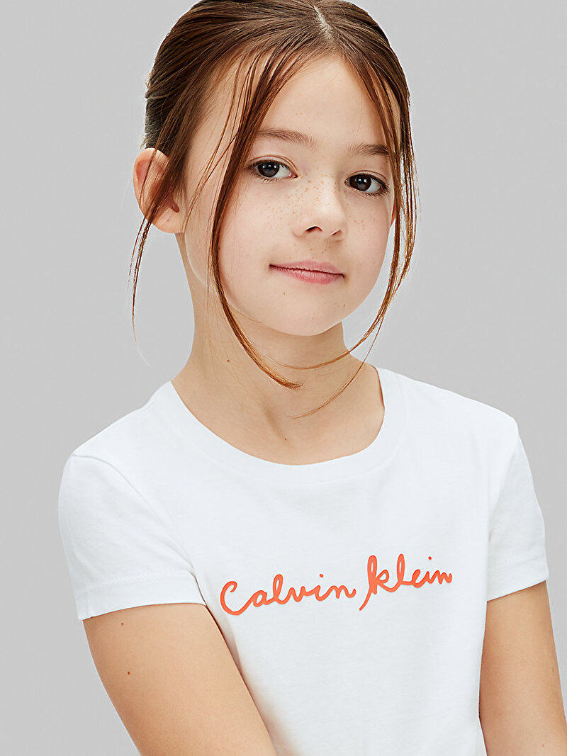 Calvin Klein Beyaz Renkli Kız Çocuk Logo Slim T-shirt