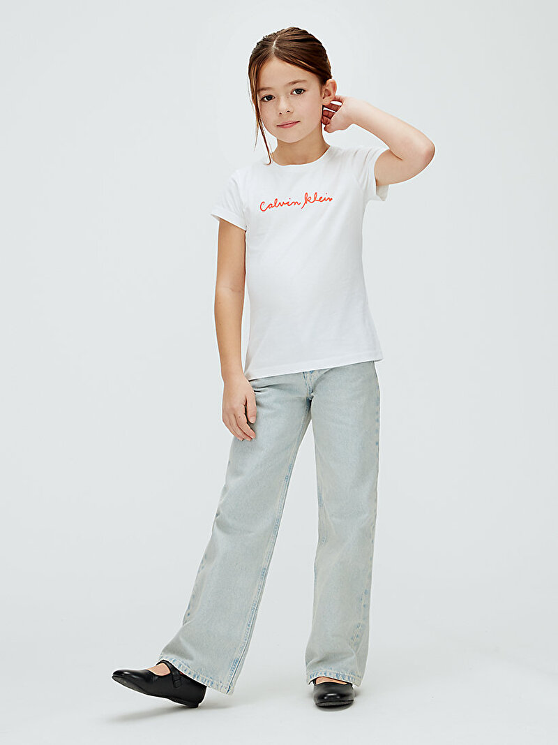 Calvin Klein Beyaz Renkli Kız Çocuk Logo Slim T-shirt