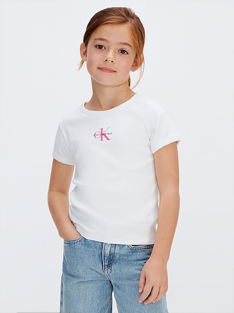 Calvin Klein Beyaz Renkli Kız Çocuk Monologo Rib Baby T-shirt