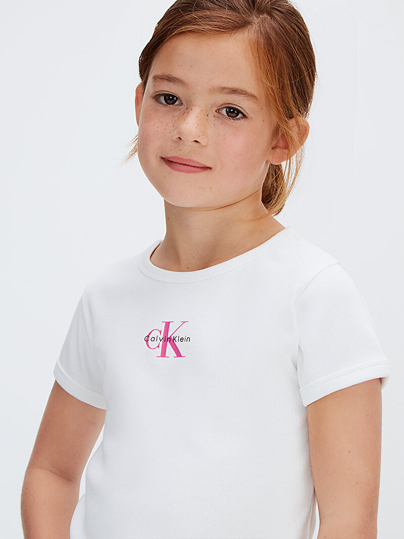 Calvin Klein Beyaz Renkli Kız Çocuk Monologo Rib Baby T-shirt