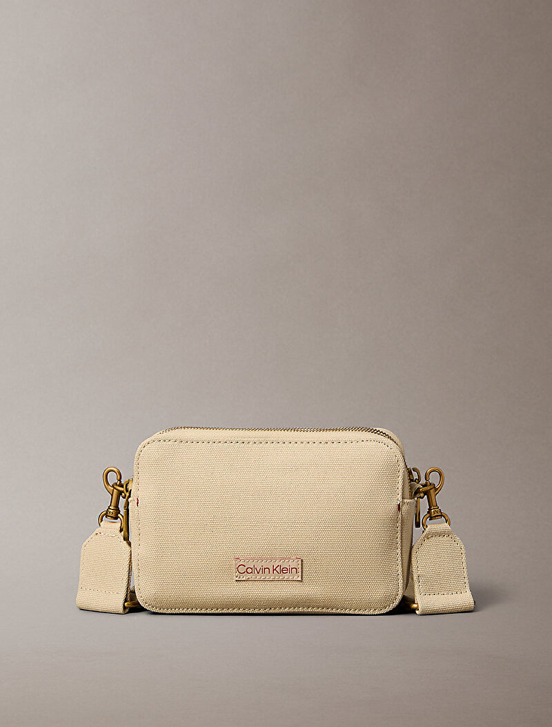 Calvin Klein Bej Renkli Kadın Webbing Strap Canvas Çapraz Çanta