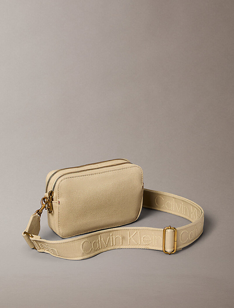 Calvin Klein Bej Renkli Kadın Webbing Strap Canvas Çapraz Çanta