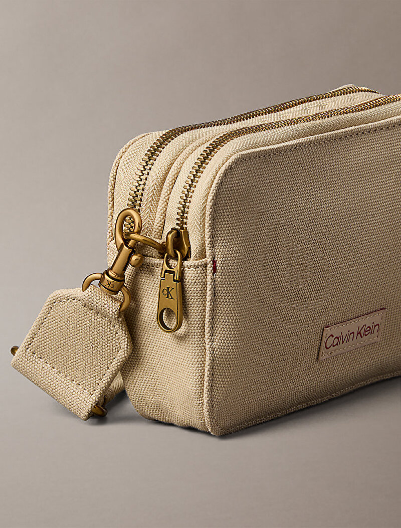 Calvin Klein Bej Renkli Kadın Webbing Strap Canvas Çapraz Çanta