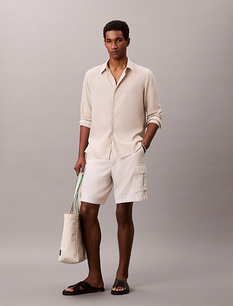 Calvin Klein Beyaz Renkli Erkek Solid Linen Classic Gömlek