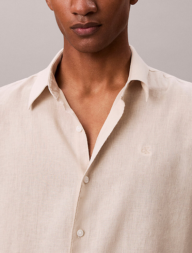 Calvin Klein Beyaz Renkli Erkek Solid Linen Classic Gömlek