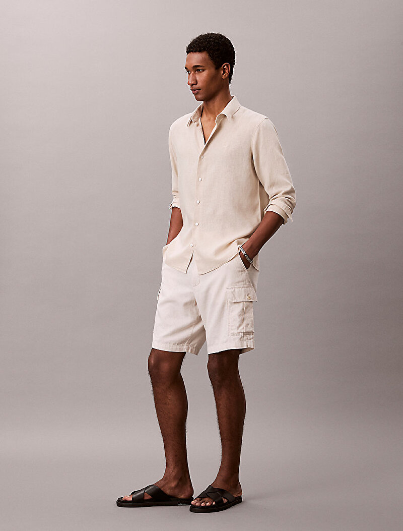 Calvin Klein Beyaz Renkli Erkek Solid Linen Classic Gömlek