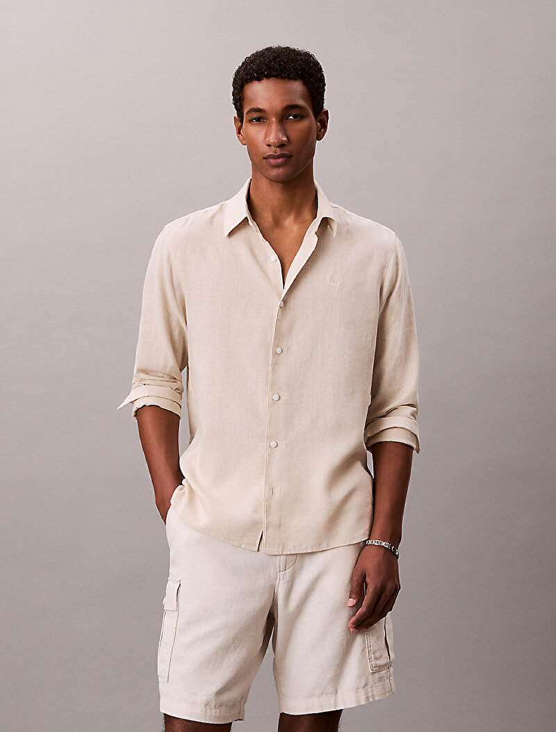 Calvin Klein Beyaz Renkli Erkek Solid Linen Classic Gömlek