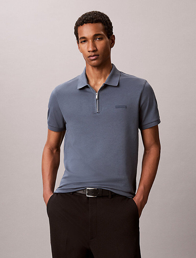 Calvin Klein Gri Renkli Erkek Slim Supima Zip Polo T-shirt