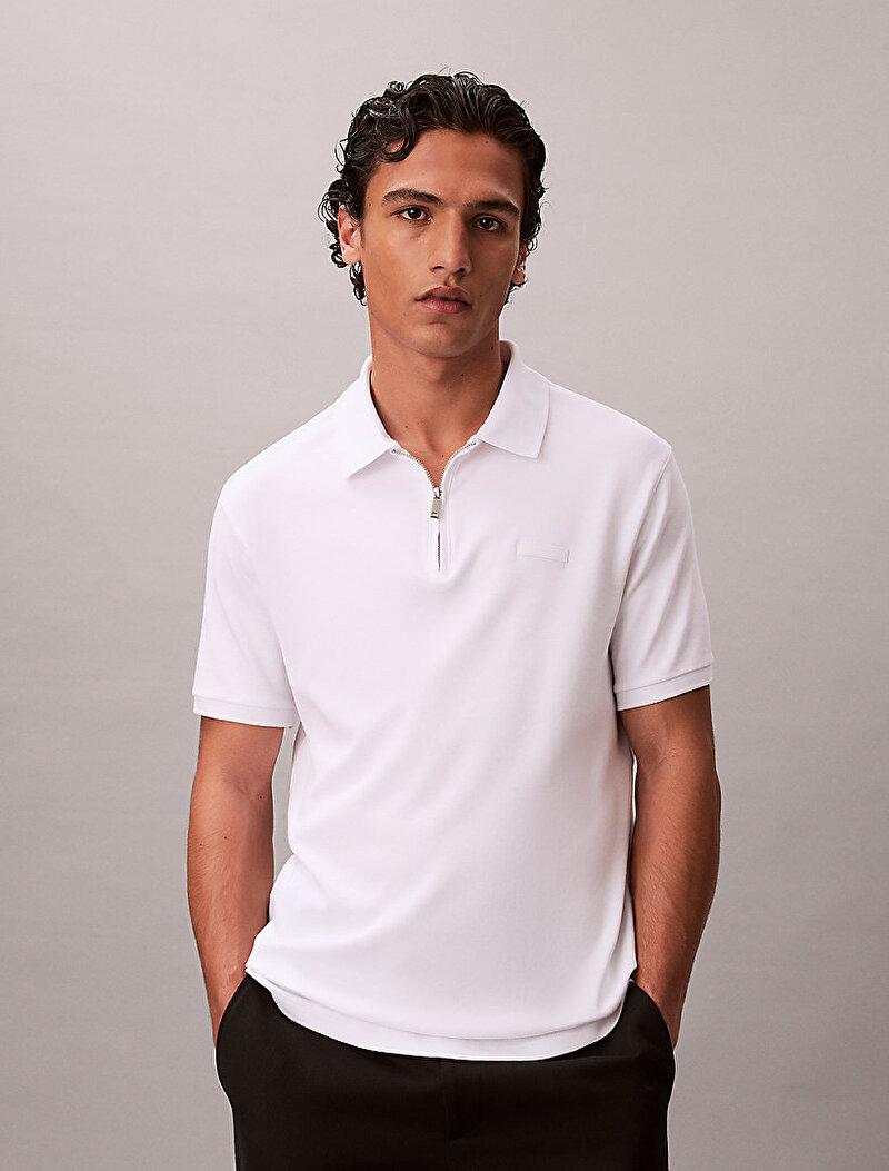 Calvin Klein Beyaz Renkli Erkek Supima Zip Polo T-shirt