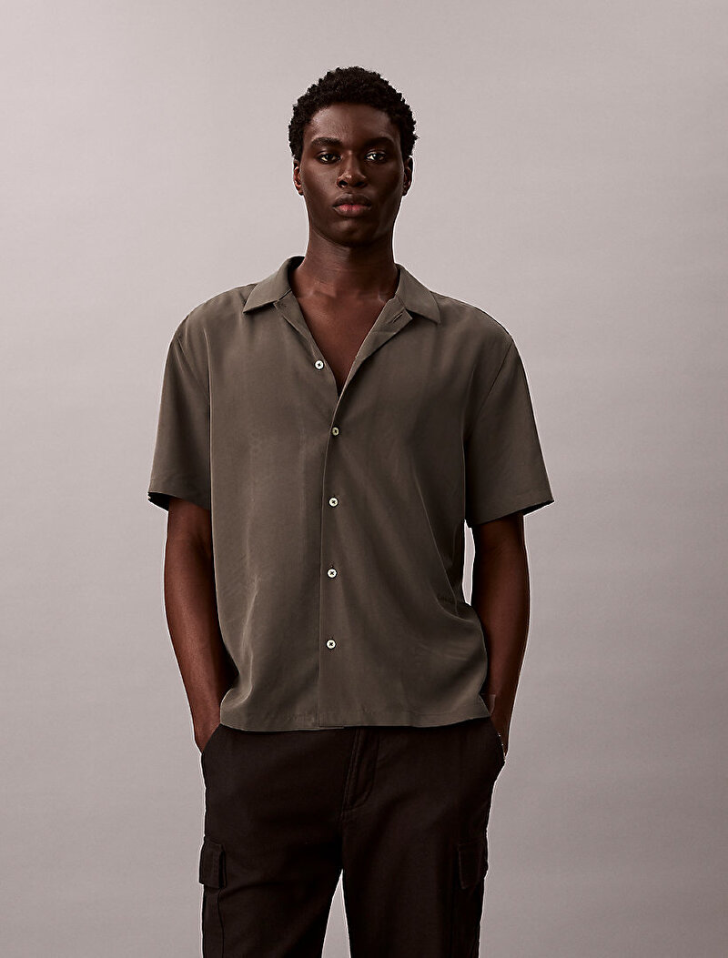 Calvin Klein Yeşil Renkli Erkek Camp Collar Drape Gömlek