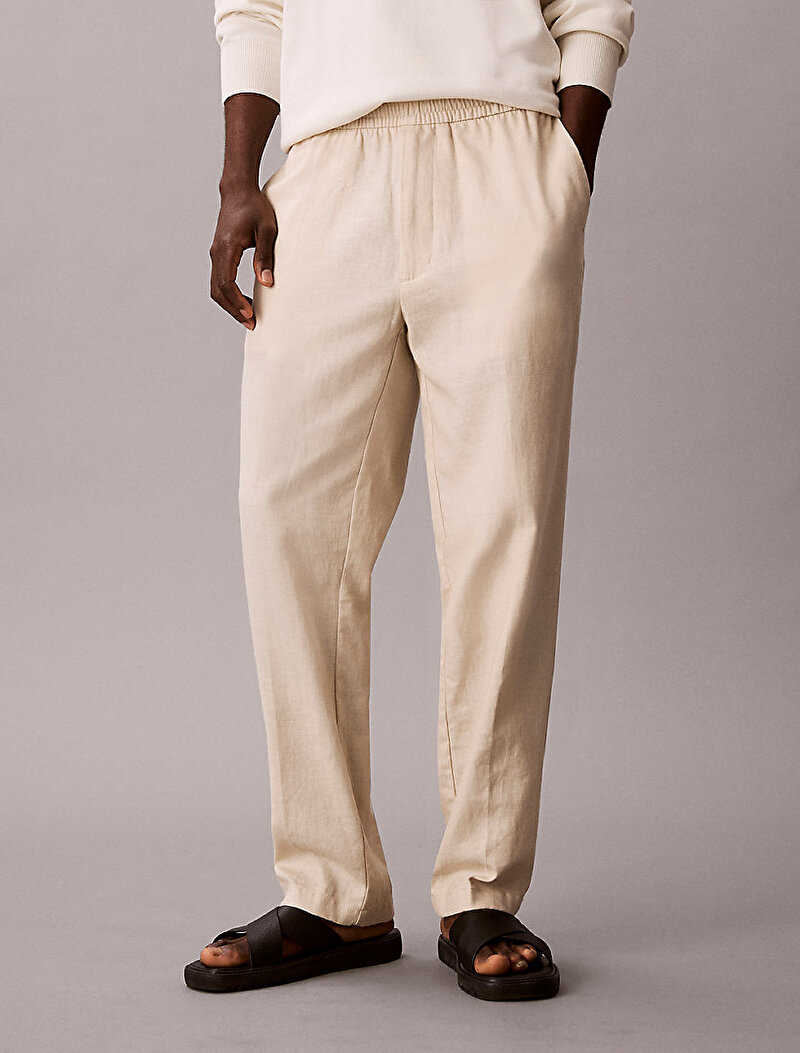 Calvin Klein Beyaz Renkli Erkek Straight Linen Pull Pantolon